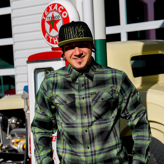 Wretch men's green and black plaid flannel, modeled front view
