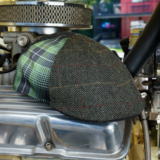 Wretch six-panel patchwork Club Cap with tweed front and green plaid sides