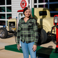 Women's Wretch green and black plaid flannel, modeled front view