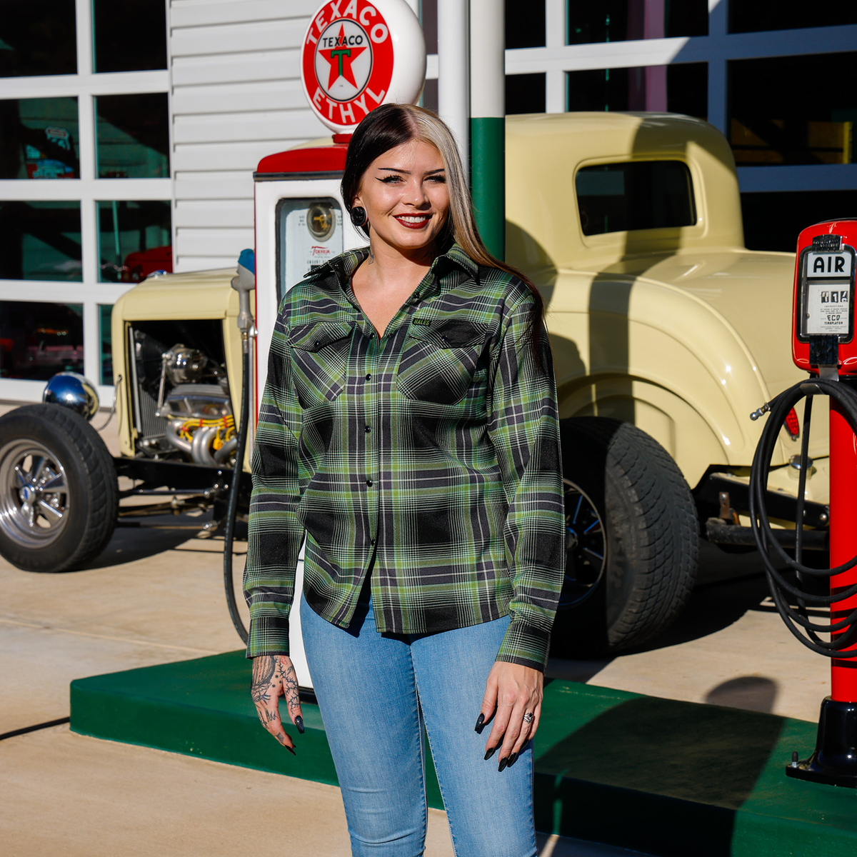 Women's Wretch green and black plaid flannel, modeled front view